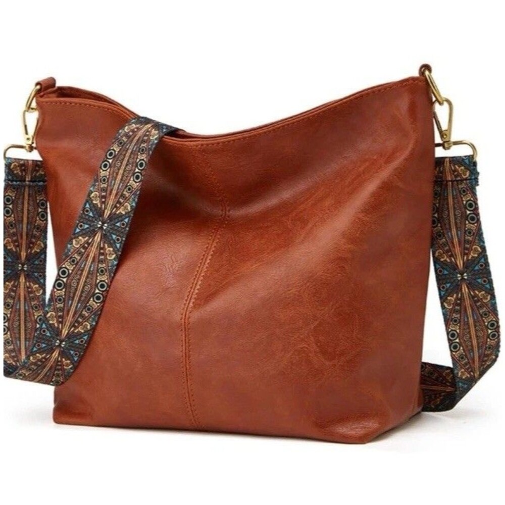 Vegan Leather Hobo Crossbody Bag Purse Brown Wide Strap Stylish